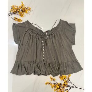 Free People Green Linen Blend Boho Ruffle Button Front Crochet Trim Top Medium